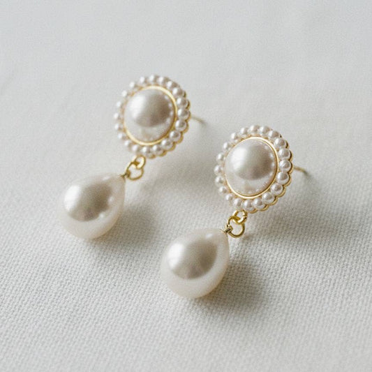 Ellemadera - Gold Plated Pearl Flower Drop Earrings