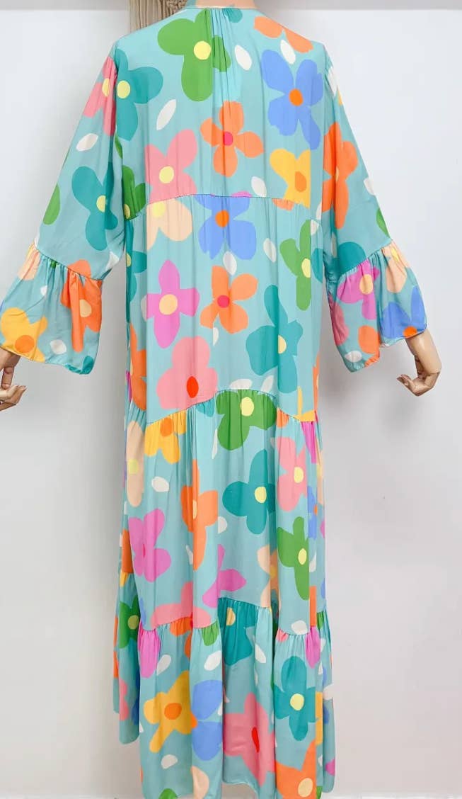 LOOWIE - SV45C Italian One Size Aqua Daisy Floral Maxi Dress
