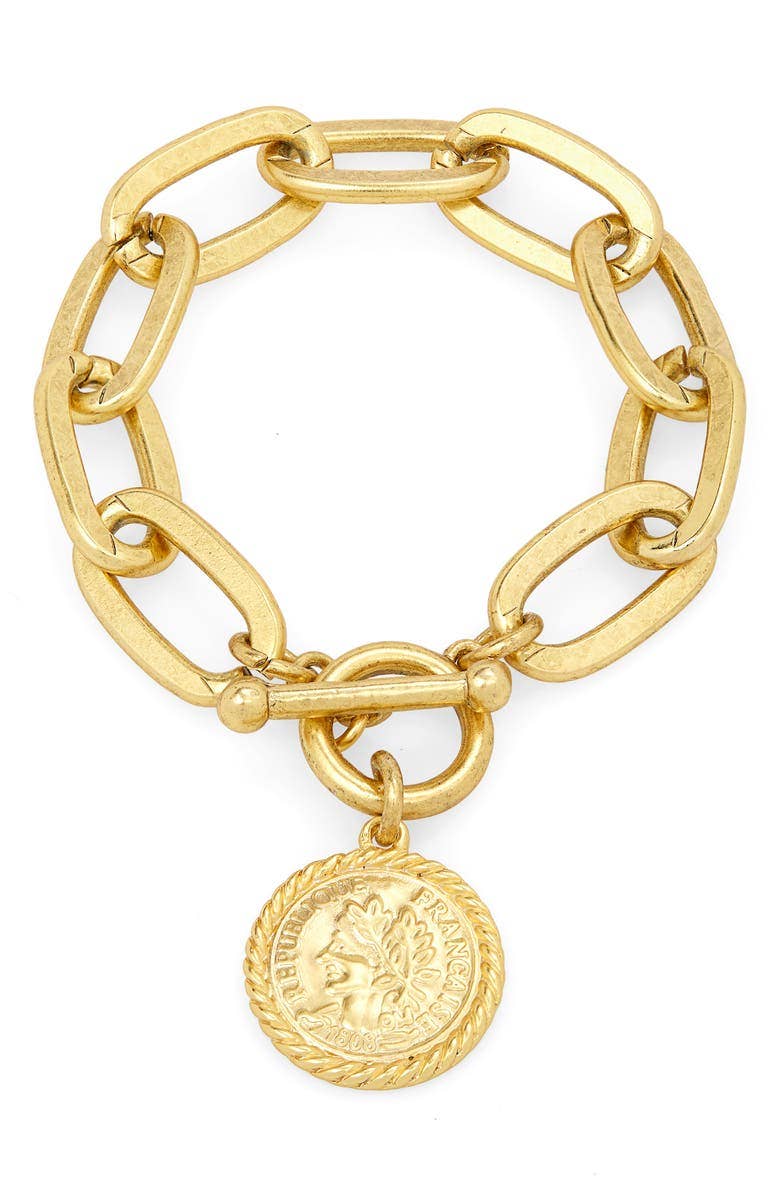 KARINE SULTAN - Elongated link layering bracelet with coin charm dangle