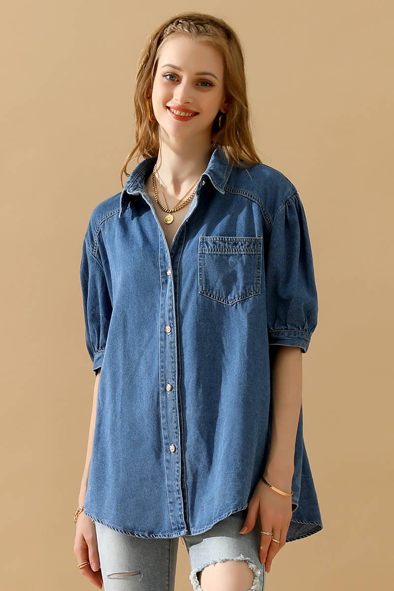 NINEXIS - CWJT0001-B_SHORT PUFF SLEEVE BUTTON DOWN DENIM SHIRTS: DENIM / (S) 1