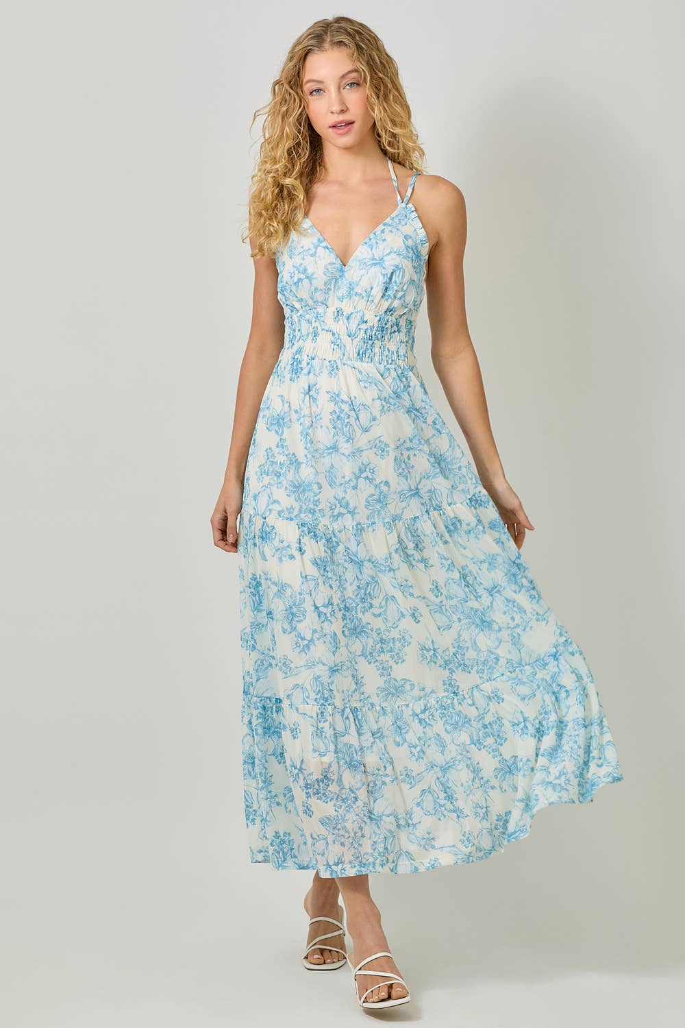 Mystree - 61048 Printed Mesh Long Tiered Dress: Ivory/Pale Blue / Large