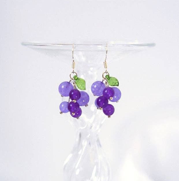 Haengseongworkshop - S925 Silver Lavender Jade Green Agate Amethyst 5-6mm Grape Leaf Dangle Earrings: Green