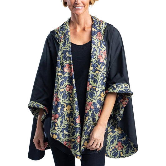 RainCaper - William Morris Golden Flowers & Black Womens Rain Cape - Rainproof Breathable Rain Poncho