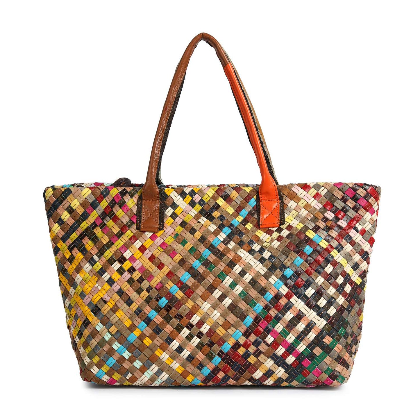 Handbag Express - Genuine Leather Woven Large Tote Handbag: Multi