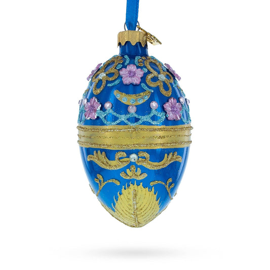 BestPysanky - Flowers on Glossy Blue Glass Egg Ornament