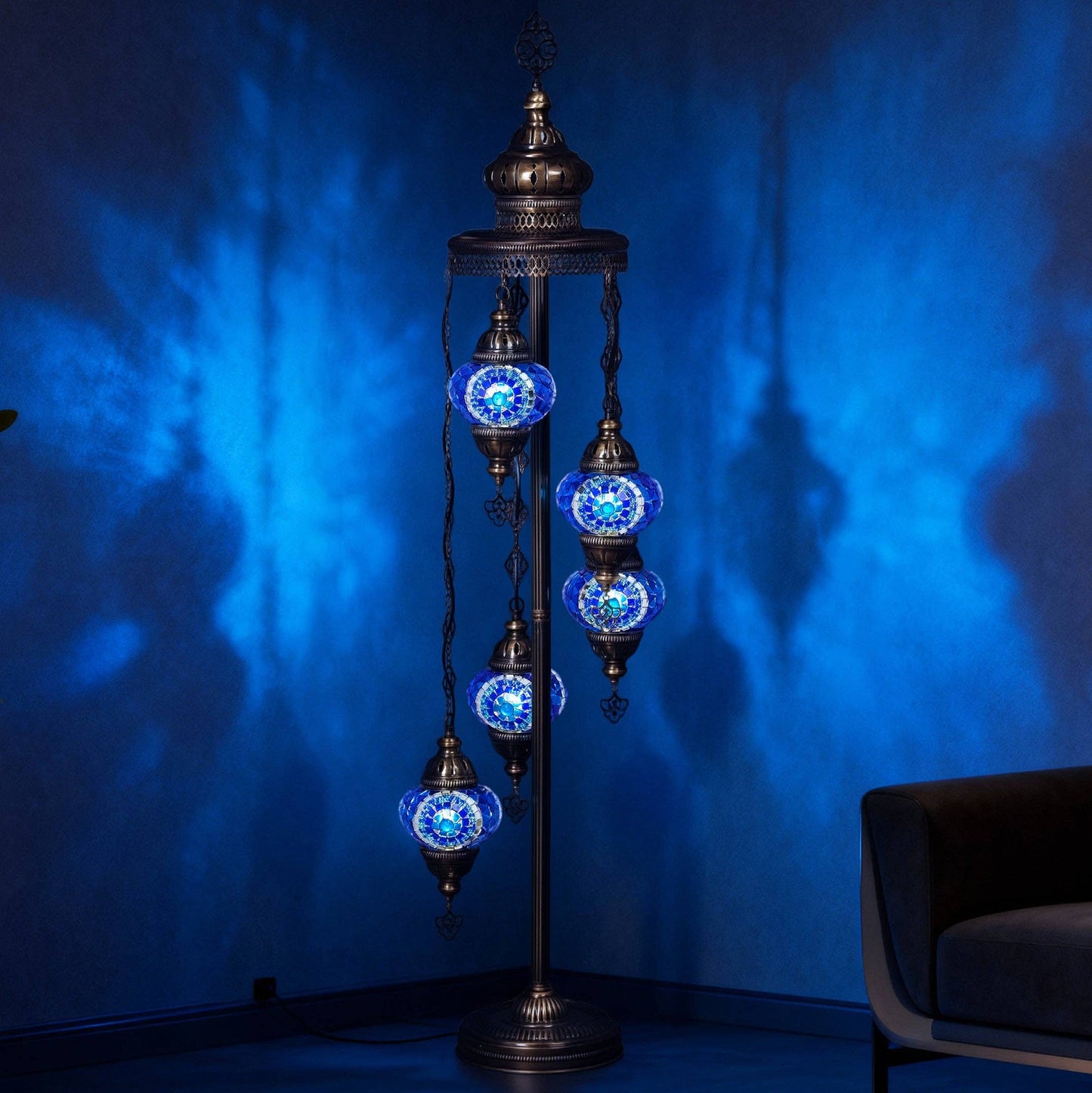 Mozaist - 5-Globe Turkish Mosaic Floor Lamp (Blue)