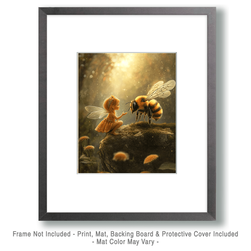 Mowbi - Small Fairy Talking to a Bee - Honey & Bee Wall Art Prints – 8″x10″ Artwork for 11″x14″ Frame