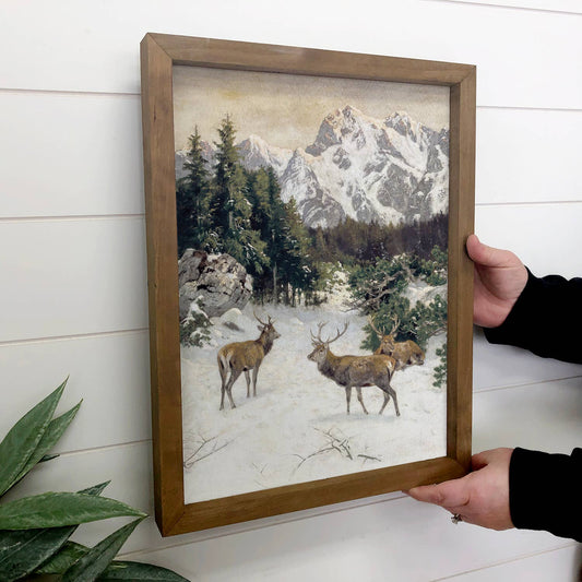 Hangout Home - Winter Deer Mountains - Cabin Wall Art - Framed Animal Decor: 24x36" Extra Large Canvas Art with Thick Wood Frame
