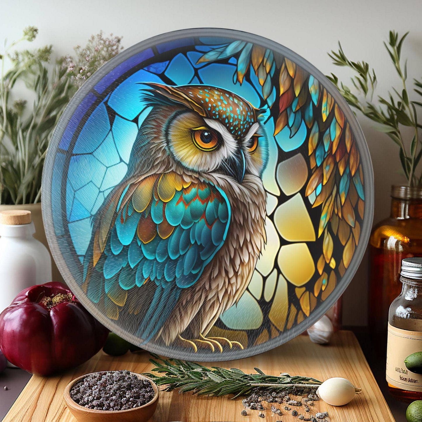 Fernville Creations - Owl Tempered Glass Cutting & Serving Board, Wedding Gift: 12 Inch