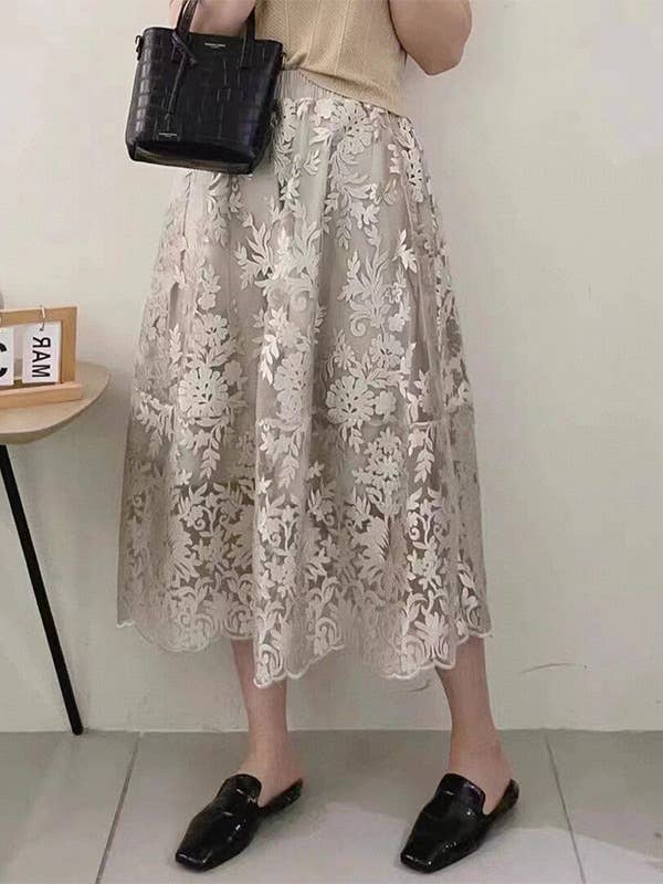 PEACH ACCESSORIES - Bohemian Lace Maxi Bloom Skirts SK196: Beige