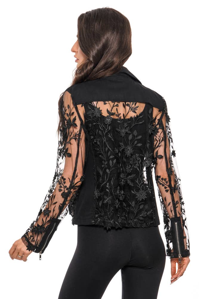 Adore - BS2520 - Floral Embroidered Mesh Moto Jacket –Black Elegance: L