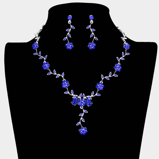 Sensibling Corp. - Flower Leaf Cluster Vine Rhinestone Necklace: Blue