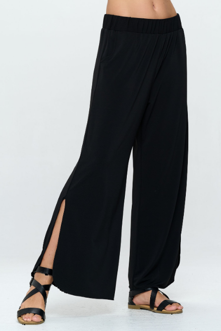Focus Fashion - Black Pull Up Pants With Side Slit -CR107: Black / Medium