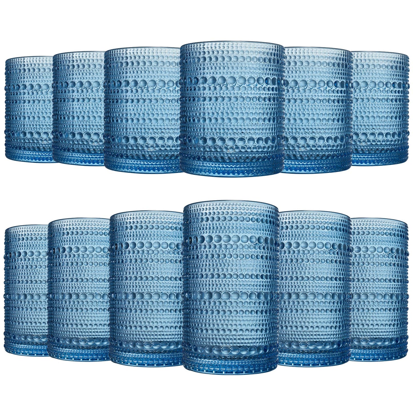 The Wine Savant /  Khen Glassware - Blue Hobnail Glasses, 12 Set, 6x Low 11OZ + 6x High 12OZ