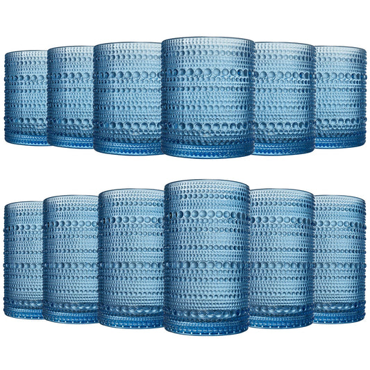 The Wine Savant /  Khen Glassware - Blue Hobnail Glasses, 12 Set, 6x Low 11OZ + 6x High 12OZ