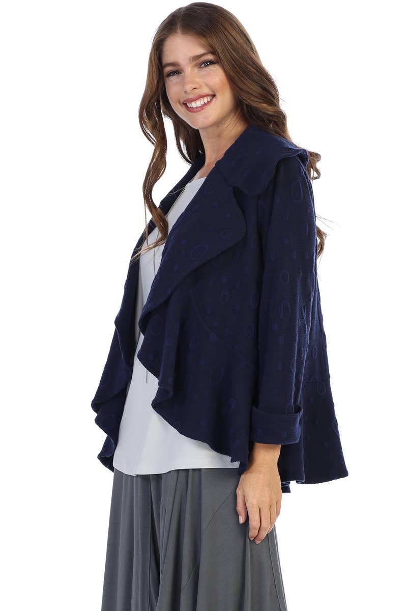Focus Fashion - Flyaway Cardigan with Texture Wide Collar: NAVY / M