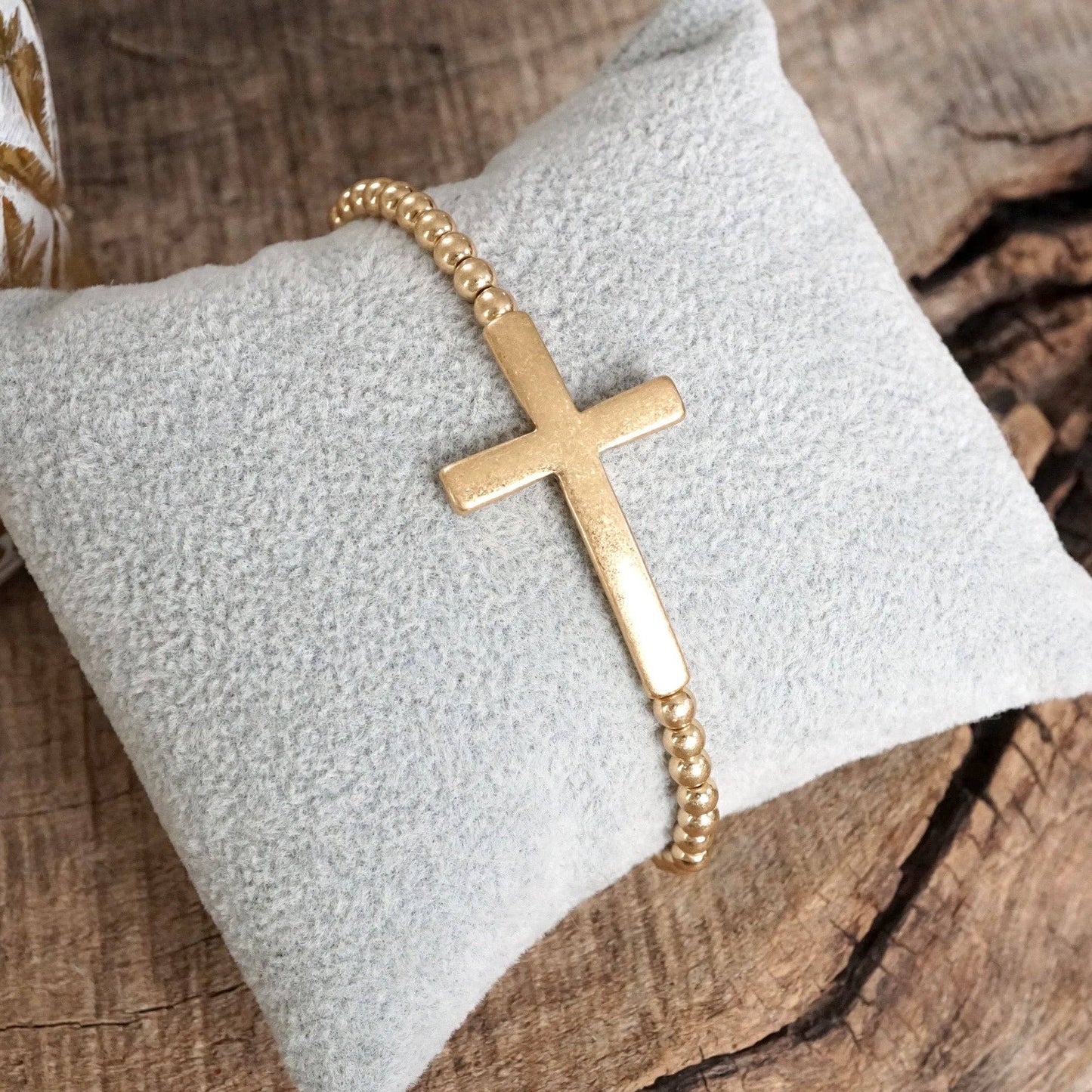 PennyLine inc - Minimal Cross Stretchy Bracelet in Worn Gold tone with Ball Beads