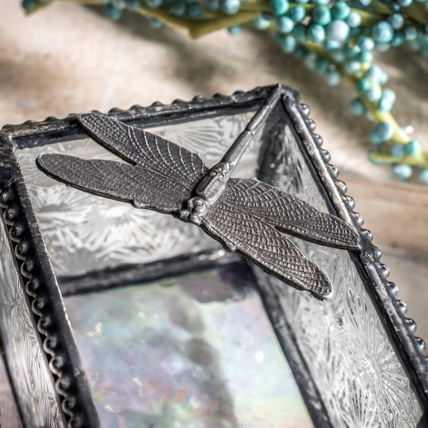 J Devlin Glass Art & Bert Anderson Collection - Clear Vintage Stained Glass Dragonfly Trinket Box Box 291