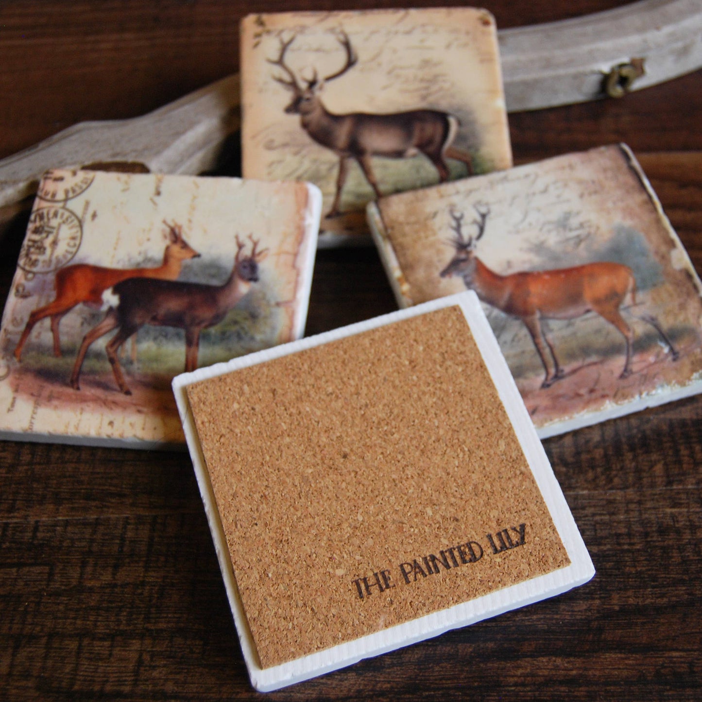 The Painted Lily - Vintage Deer stone coasters - case of 4