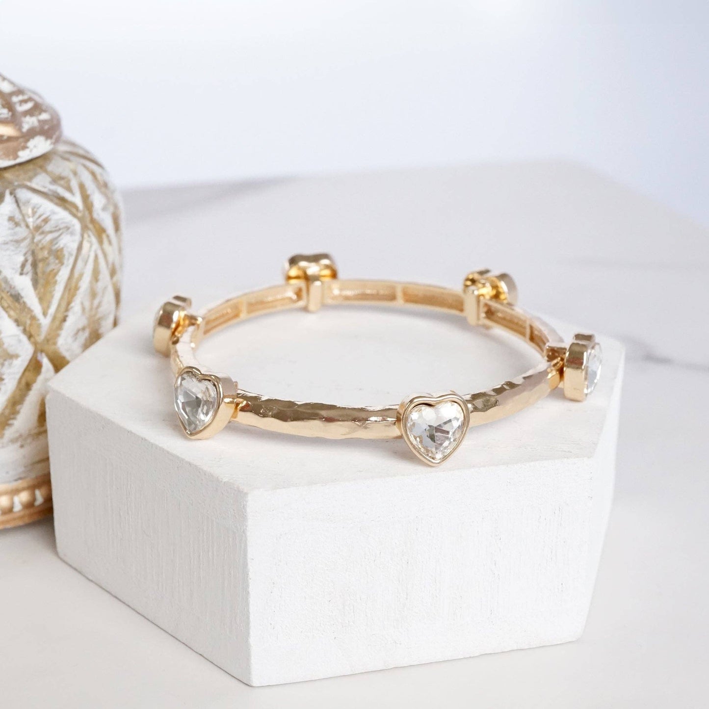 PennyLine inc - Heart Faceted Crystals Stretchy Stackable Station Bangles – Gold & Silver Tone: Gold Tone