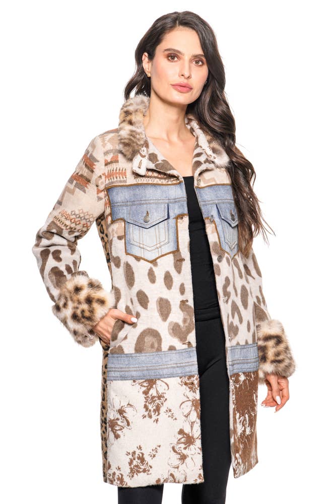 Adore - BS2545 Mixed Media Faux Fur & Denim Trim Coat: L