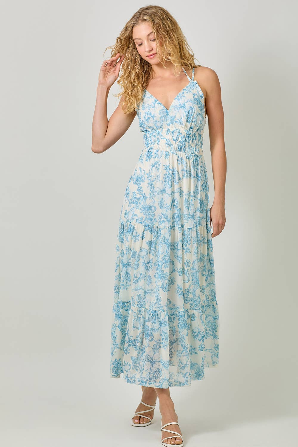 Mystree - 61048 Printed Mesh Long Tiered Dress: Ivory/Pale Blue / Small