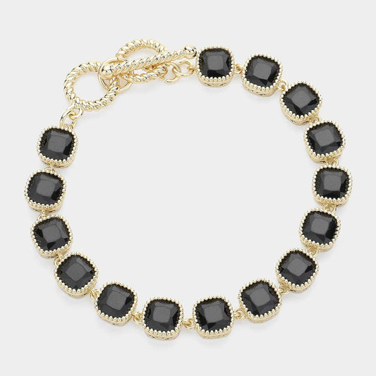 Sensibling Corp. - 14K Gold Plated Square CZ Stone Link Evening Toggle Bracelet: Black