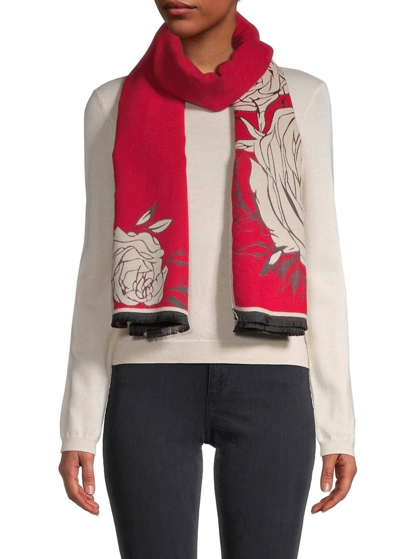 SAACHI - Fiore Reversible Rose Pattern Scarf: Red/Ivory