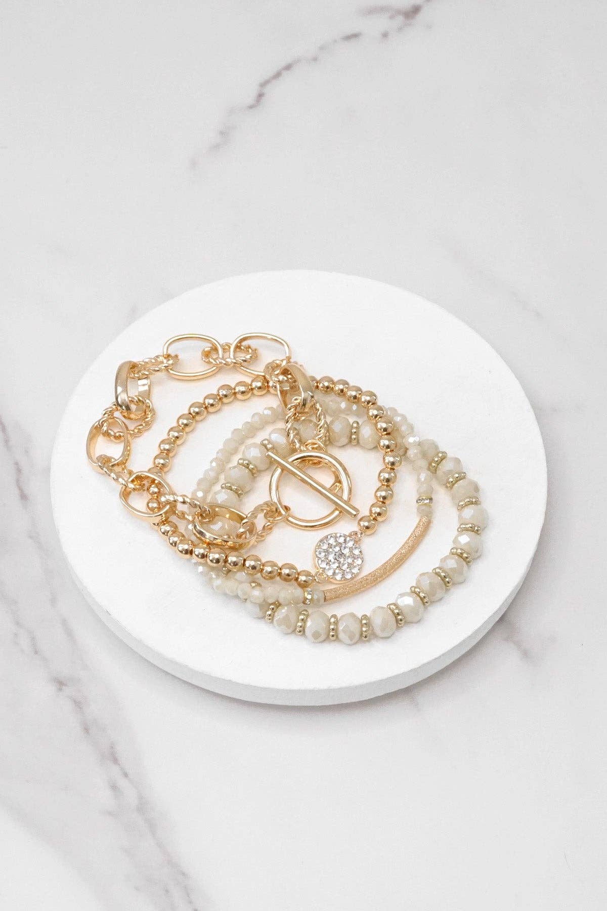 PennyLine inc - Beaded Bracelets set of 4 Off-White Glass Beads with Gold