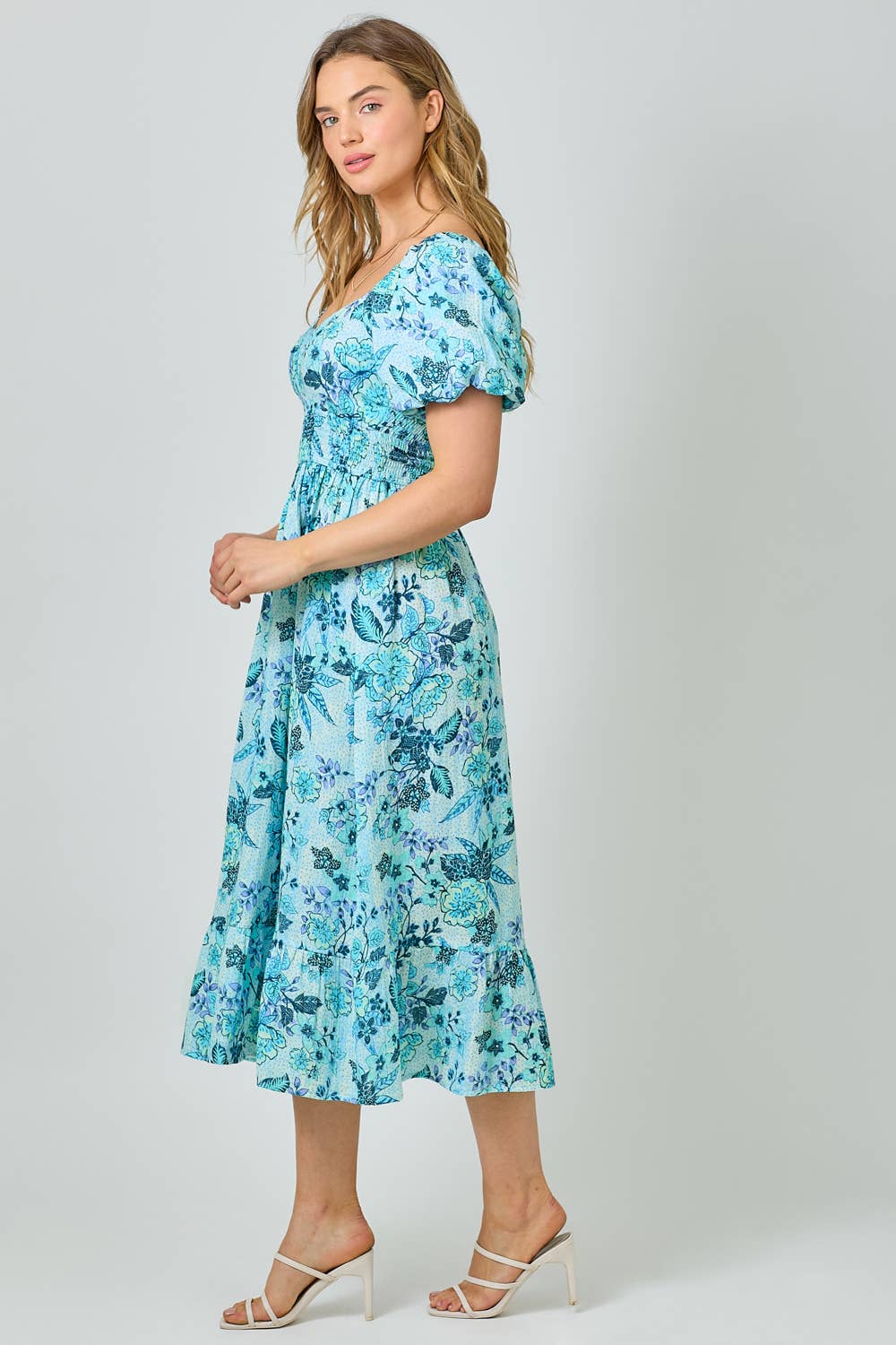 Mystree - 60945 Balloon Sleeve Long Dress: Ocean Blue / Large