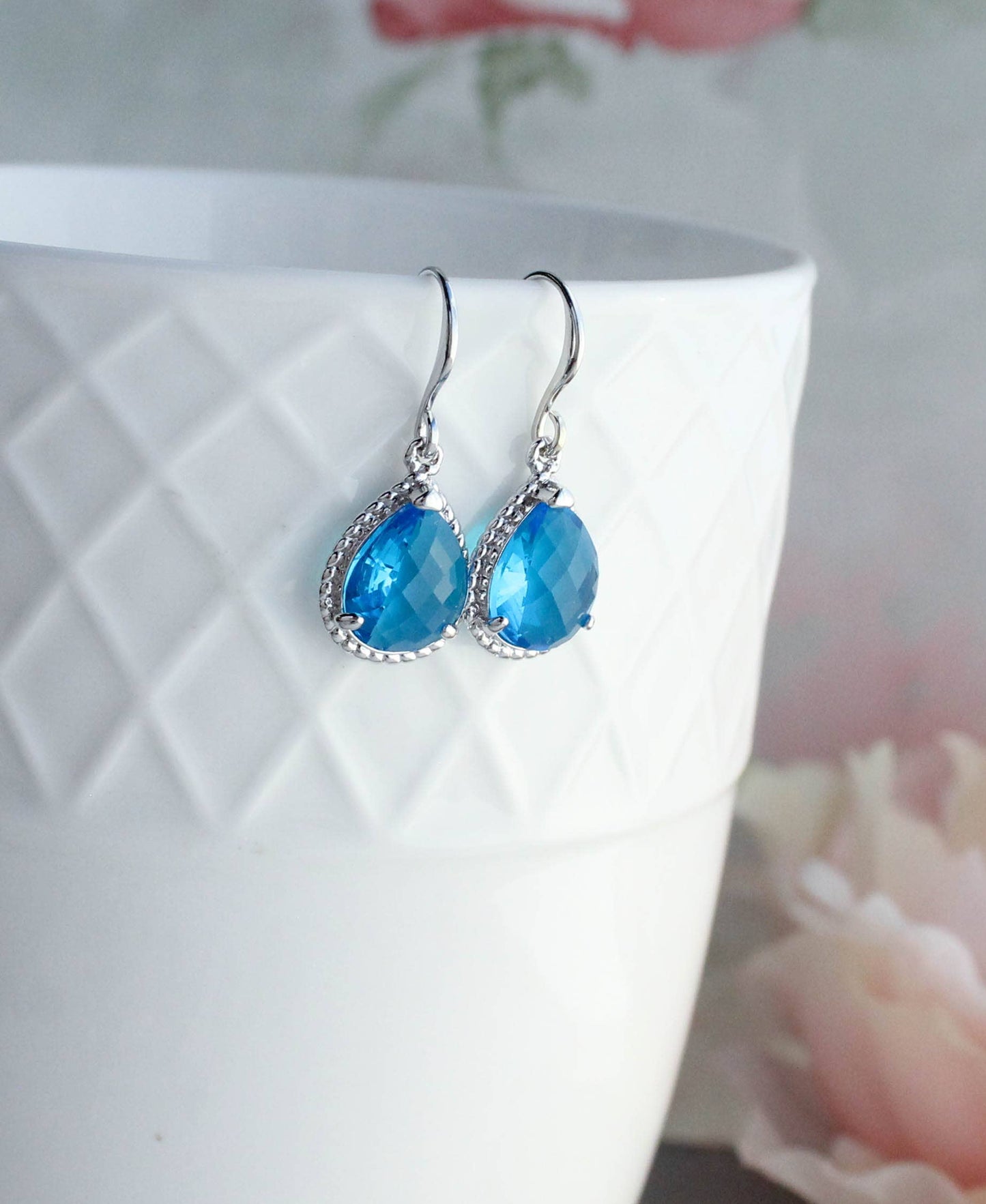 A Pocket of Posies - Glass Drop Earrings - Sapphire Blue - Rope Setting