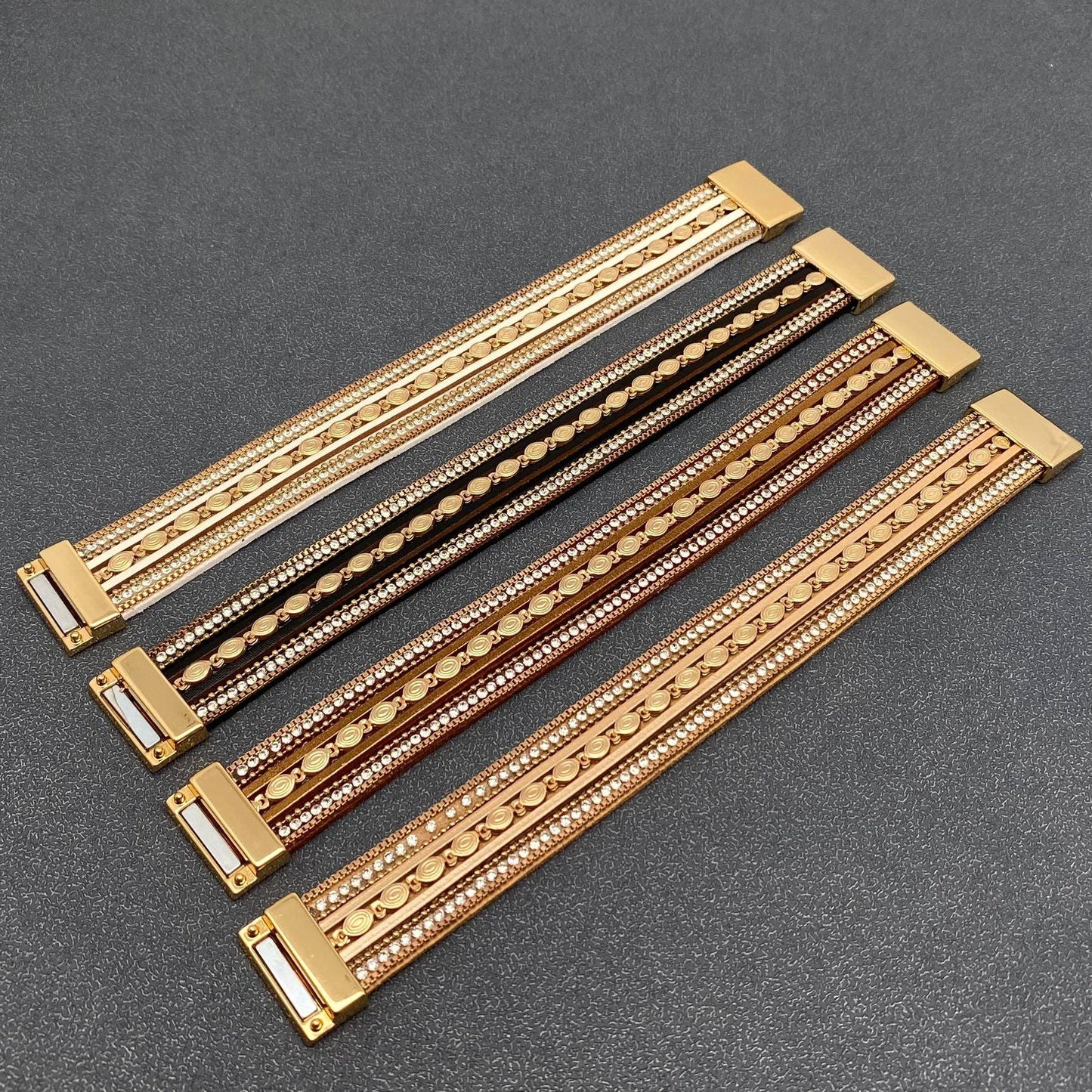 Mio Queena - LB - Sparkling Rhinestone & Leather Triple-Layer Boho Bracelet: White