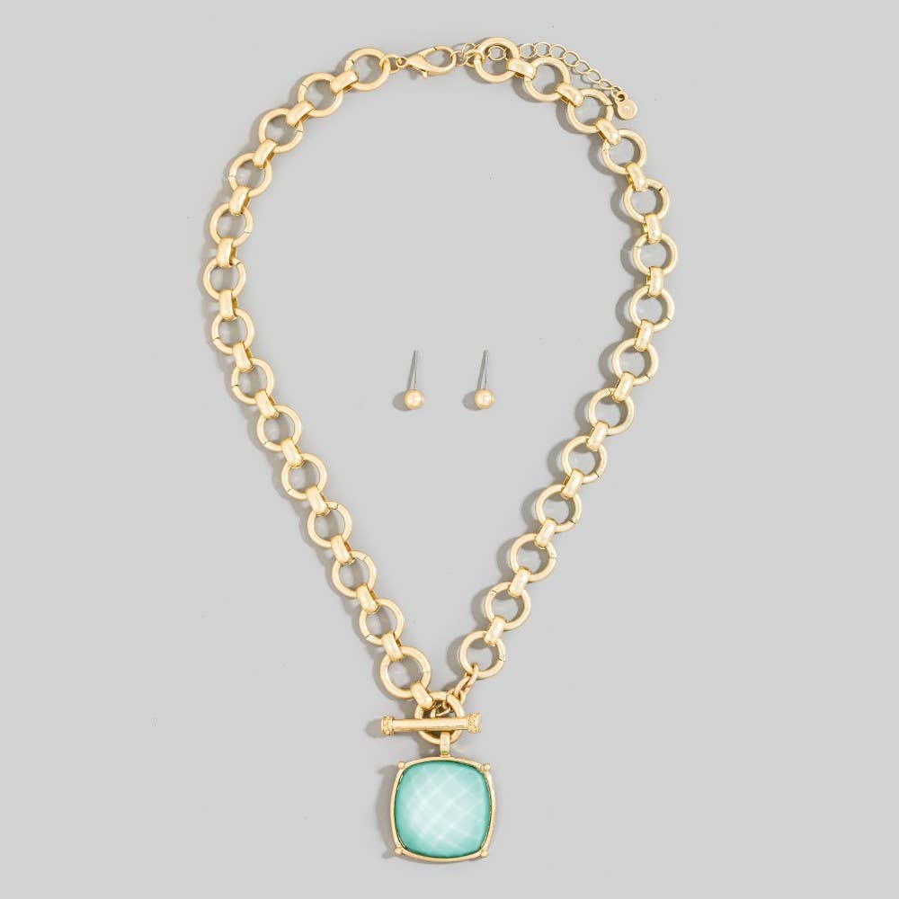 The Looks by Fame Accessories - Large Square Faceted Stone Pendant Toggle Chain Necklace: BK