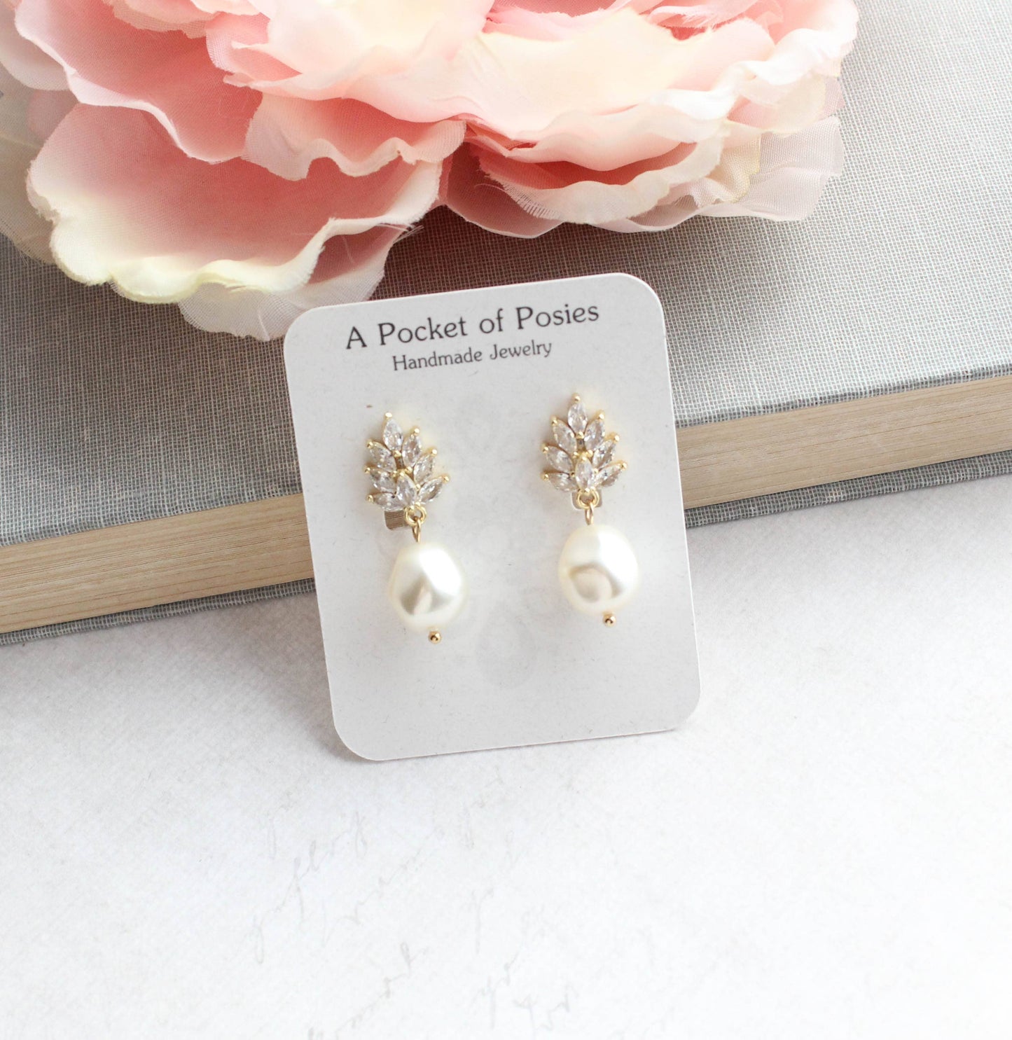 A Pocket of Posies - Glass Leaf Post Earrings | Baroque Pearl | Gold or Silver: Gold Plated
