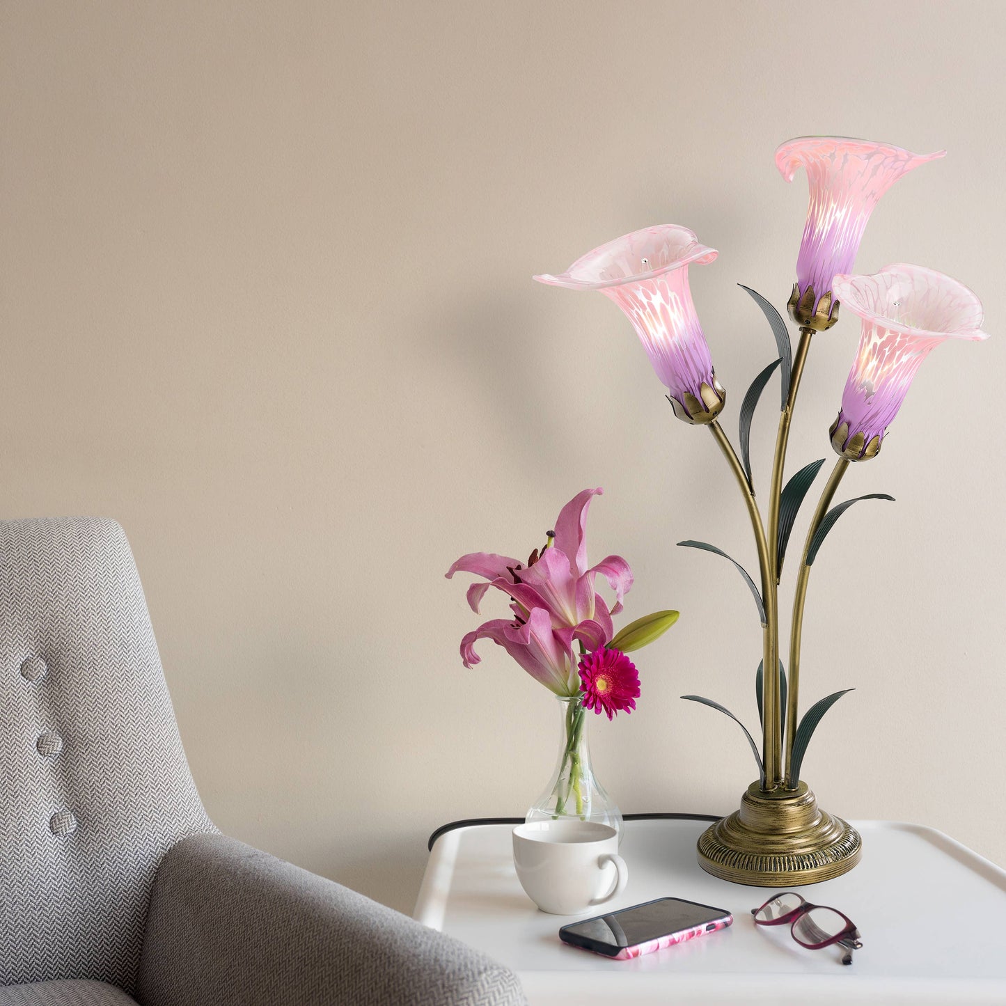 River of Goods - 23.5"H Pink 3 Shade Handblown Glass Calla Lily Table Lamp