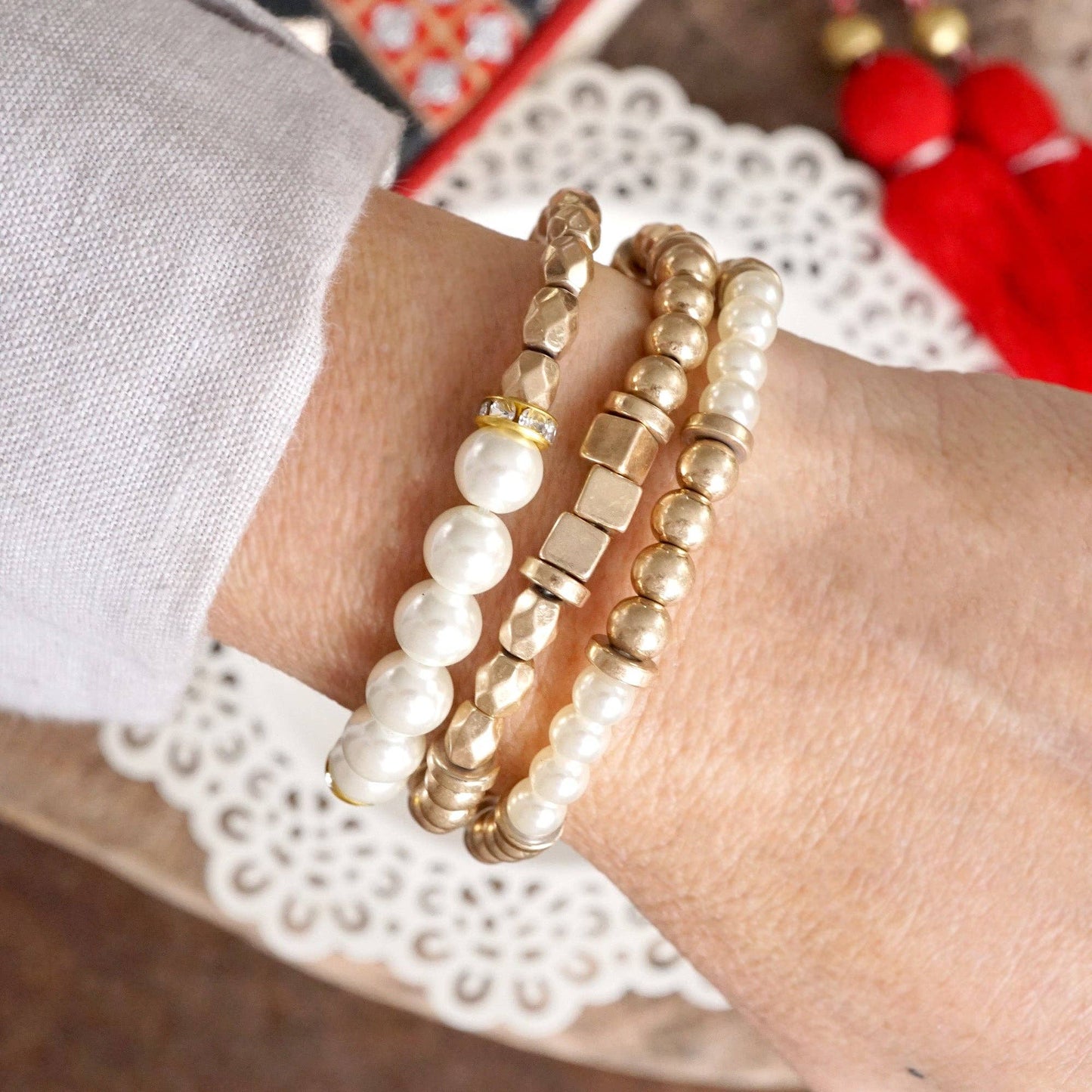 PennyLine inc - Pearls and Antique Gold Beaded Bracelet Set