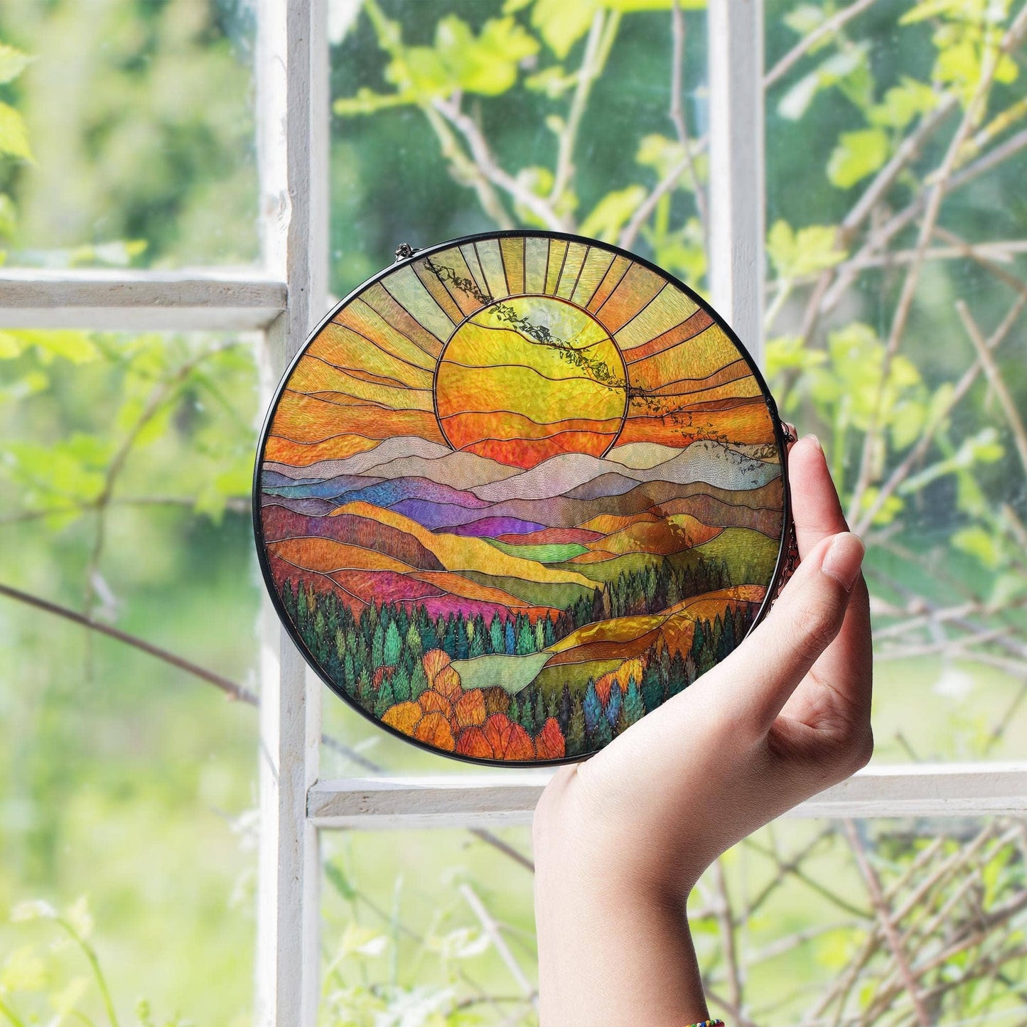 NVC Ecommerce LLC - Mountain Range Stained Glass Suncatcher, Nature Window Art: 11.8in