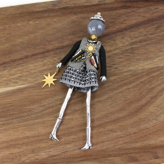 Pretty Persuasions - B24109B Stone Adorned French Doll Stainless Steel Brooch: 09 SL/COP Feather/Key Dress