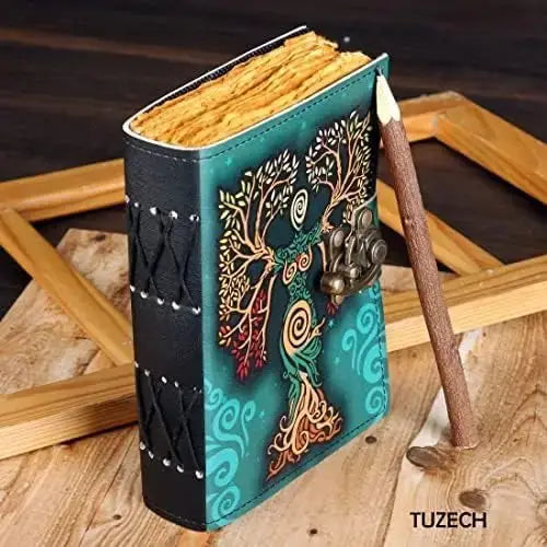 Tuzech Leather - Tree of Lady Leather Journal with Lock – Handmade Diary: 7 x 5 Inches / Green Lady