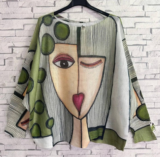 LOOWIE -  ZAPIC Olive "Picasso"  Round Knit Printed Sweater