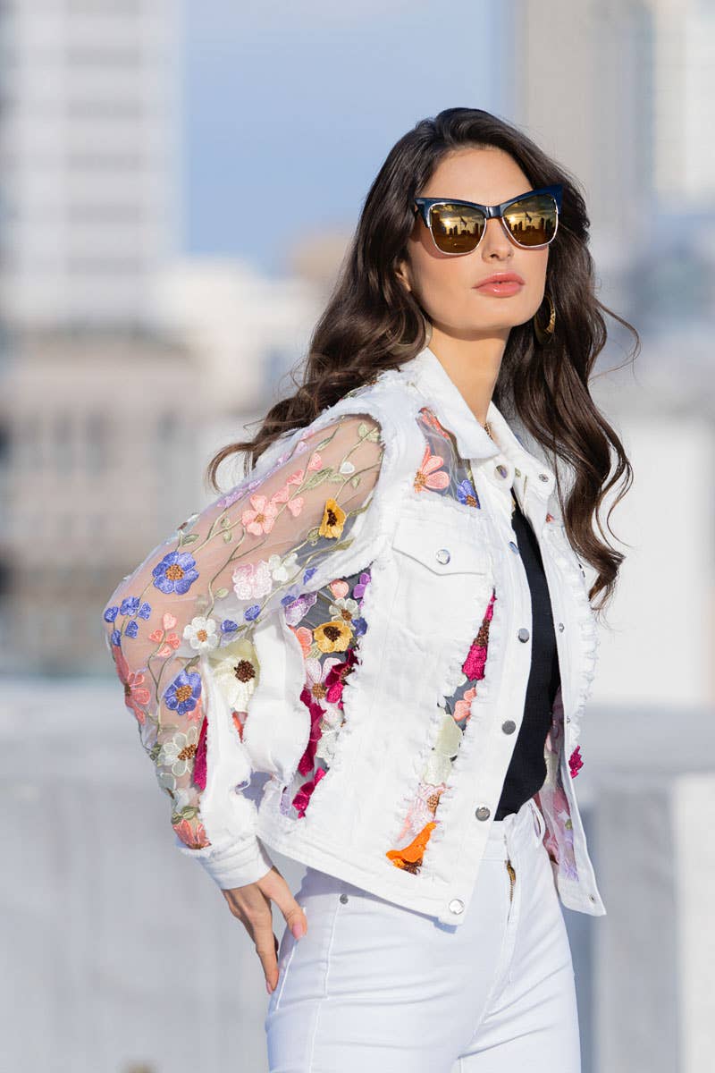 Adore - 2406W - White Denim Jacket with Floral Embroidery: S