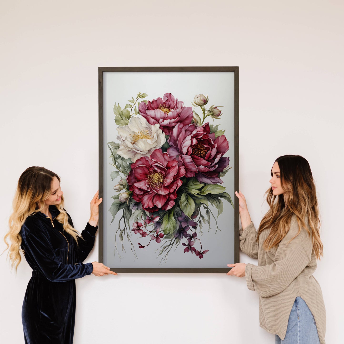 Hangout Home - Red Peony Blooms  -Nature Canvas Art - Wood Framed Wall Art: 24x36" Extra Large Canvas Art with Thick Wood Frame