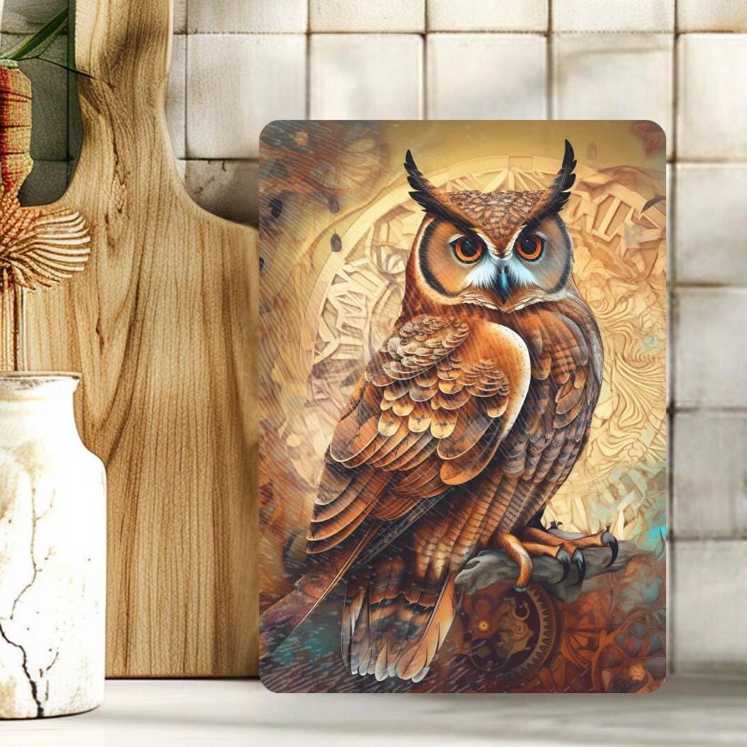 Fernville Creations - Owl Tempered Glass Cutting & Serving Board, Kitchen Art Gift: 12x15 Inch