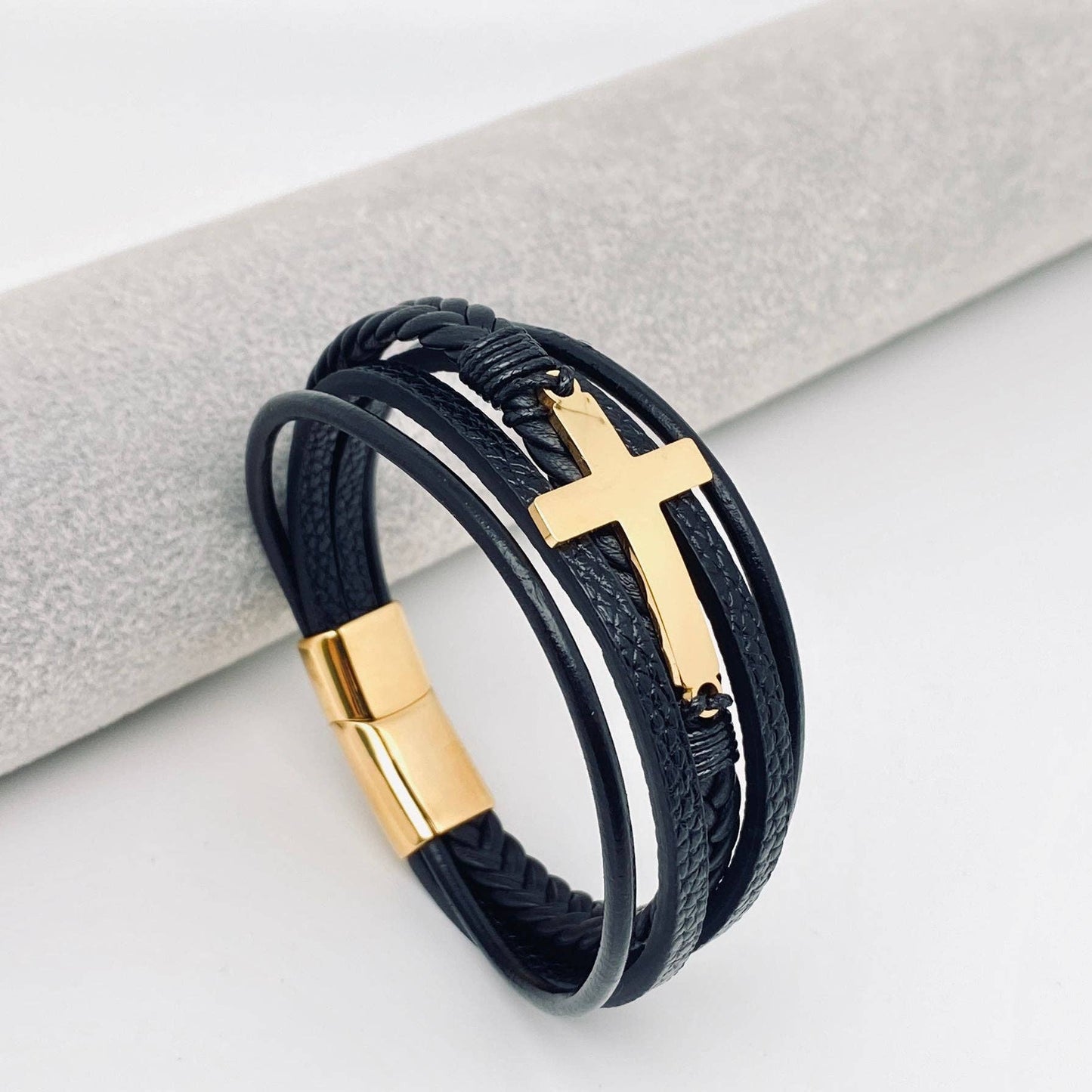 Mio Queena - Stainless Steel Cross Multi-Layer Woven Leather Bracelet -MJ/BC: Steel color