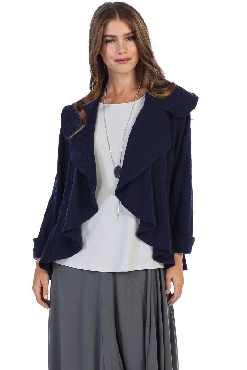 Focus Fashion - Flyaway Cardigan with Texture Wide Collar: NAVY / M