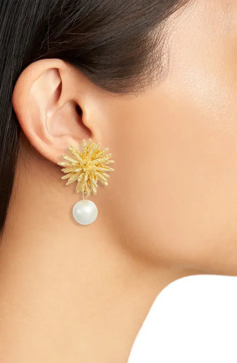 KARINE SULTAN - Starburst Clip-Ons Statement Earrings with Pearl Drop: Silver