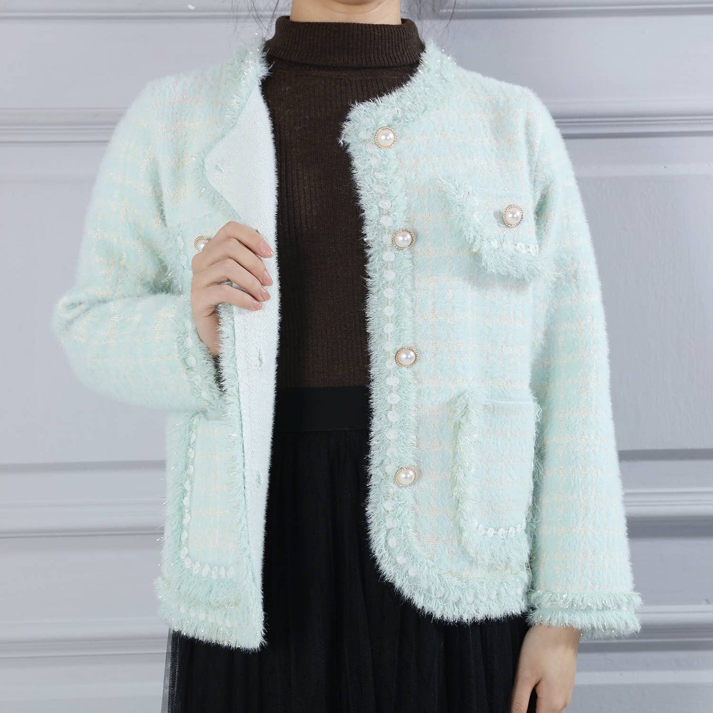 PEACH ACCESSORIES -  Fringed Hem and Cuffs Cardigan with Pearly Buttons SD187: Black