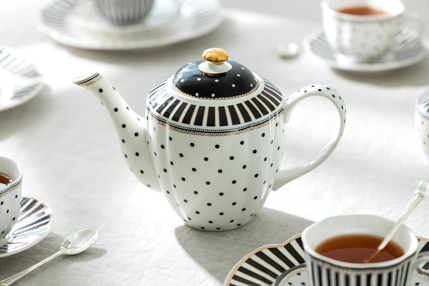 Grace Teaware - Black Josephine Stripes and Dots 32oz Fine Porcelain Teapot