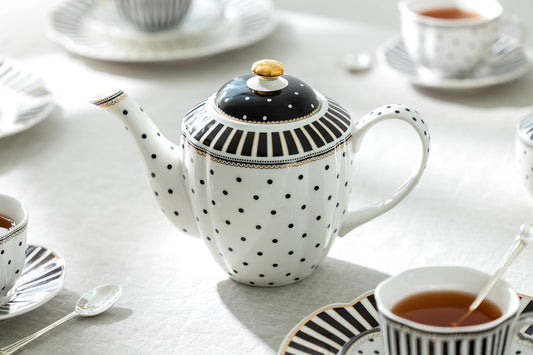 Grace Teaware - Black Josephine Stripes and Dots 32oz Fine Porcelain Teapot
