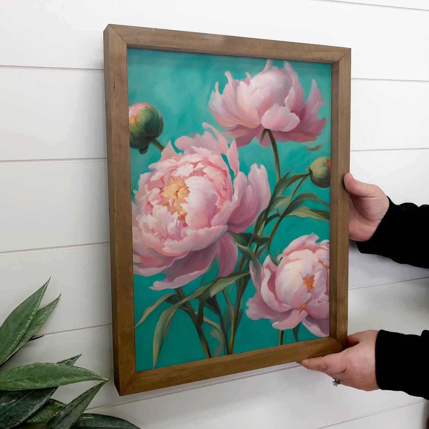 Hangout Home - Pink Teal Peonies - Bright Flower Canvas Art - Wood Framed: 24x36" Extra Large Canvas Art with Thick Wood Frame